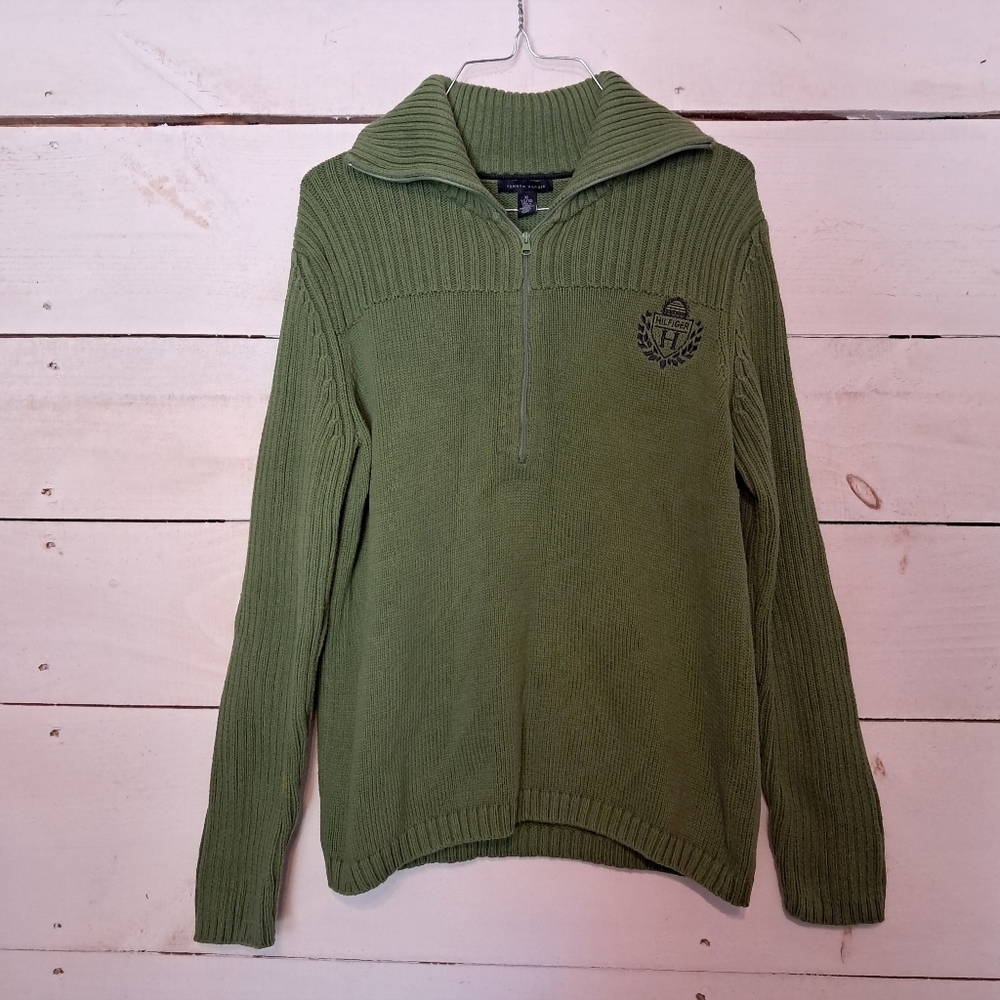 Tommy Hilfiger Womens Size XL Half Zip Green Knit Long Sweater Crest Logo